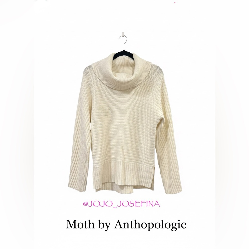 Moth by Anthropologie $98 Ivory Ribbed Cowl Neck Sweater M EUC Rayon Blend